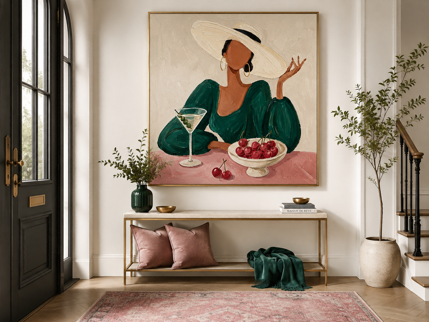 Stylish Female Figure Oil Painting With Martini Glass Ideal For Boutique Lounge And Bar Area Decoration