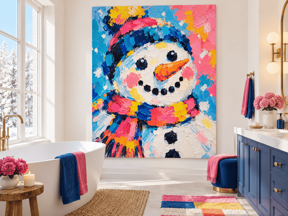 Modern Naive Art Snowman Painting High Saturation Pink Blue Yellow Textured Original Art