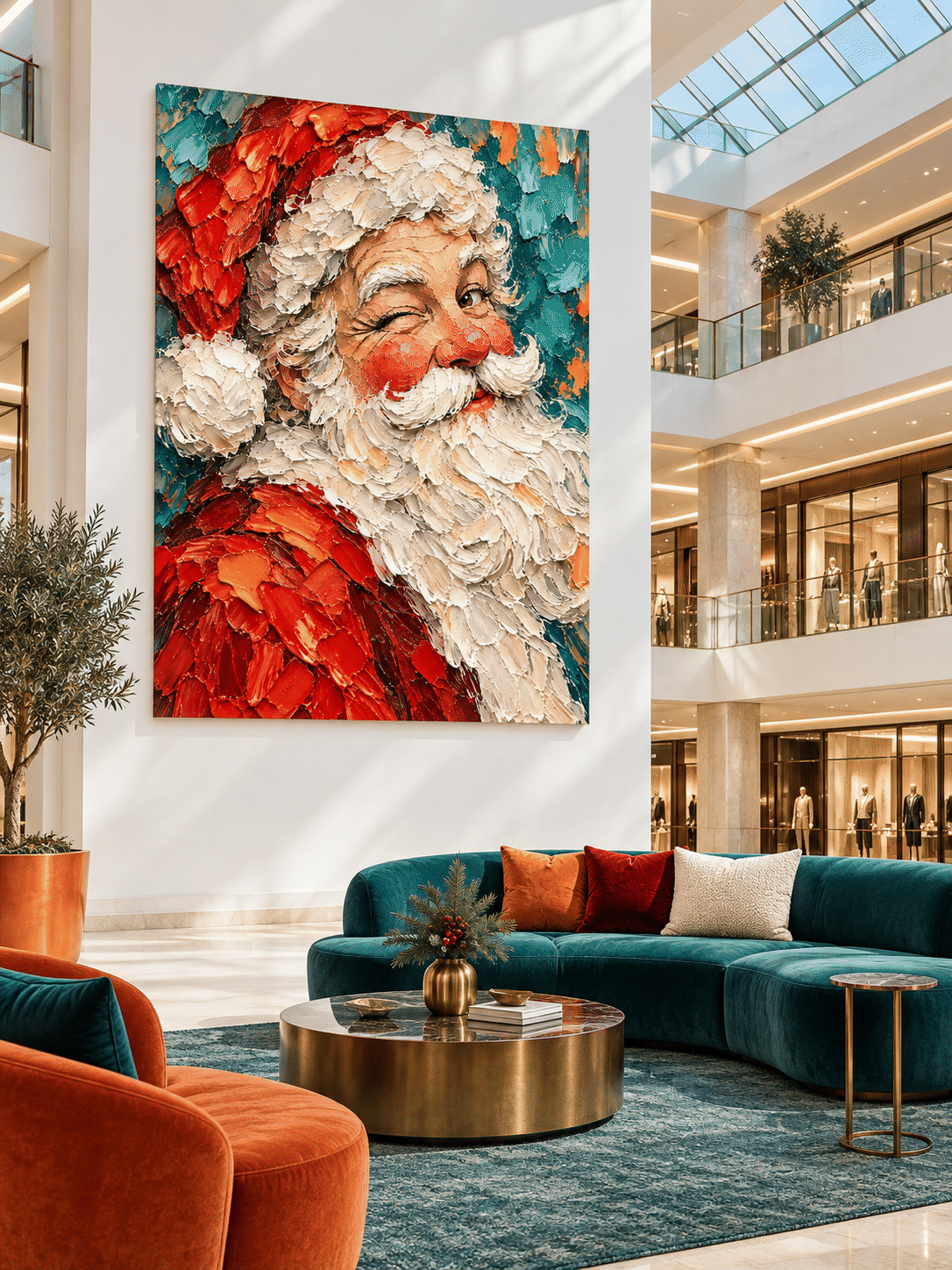 Hand-Painted Winking Santa Portrait Canvas Art With Red And Teal Colors