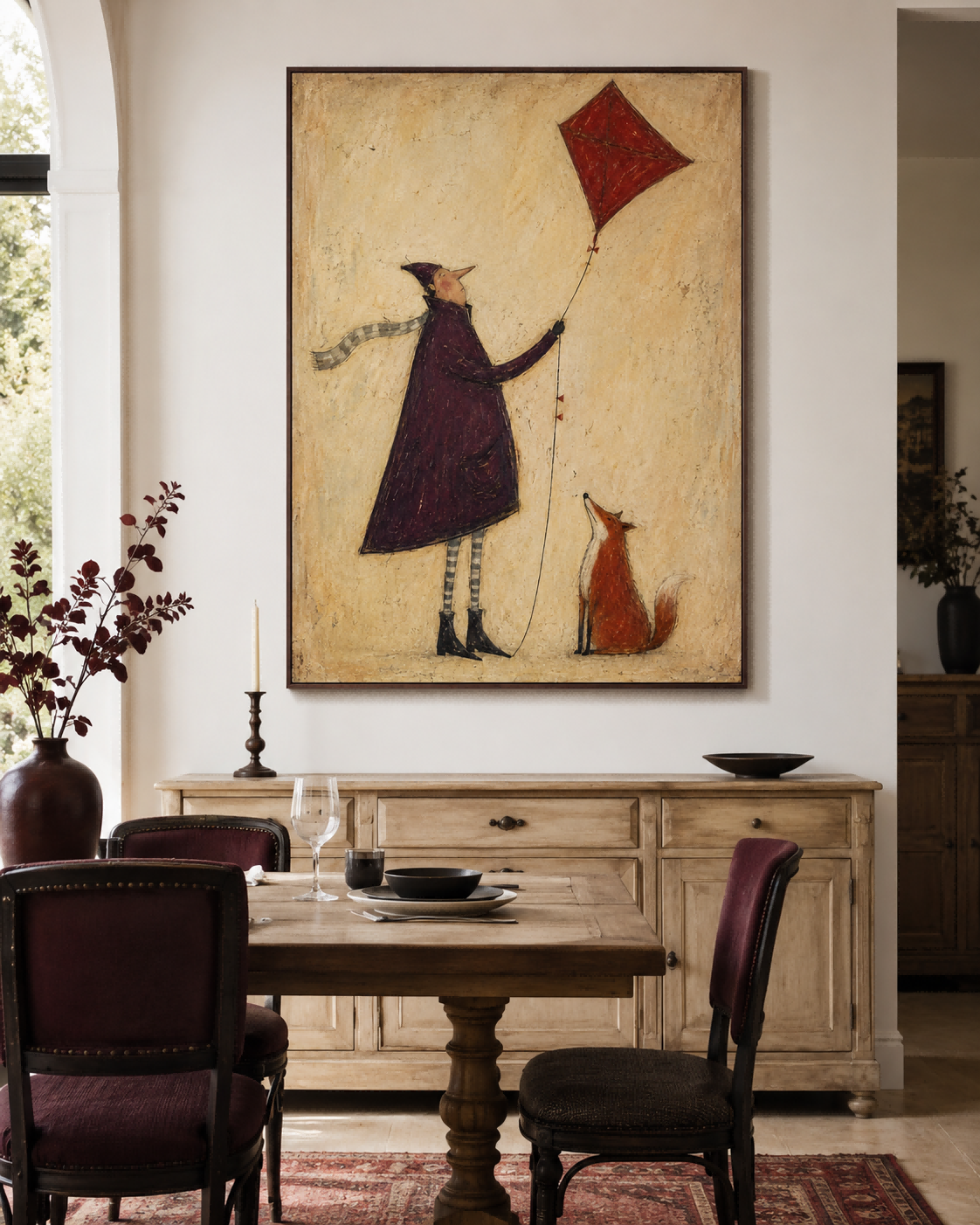 Whimsical Vintage Illustration Hand-Painted Canvas Art With Fox And Kite