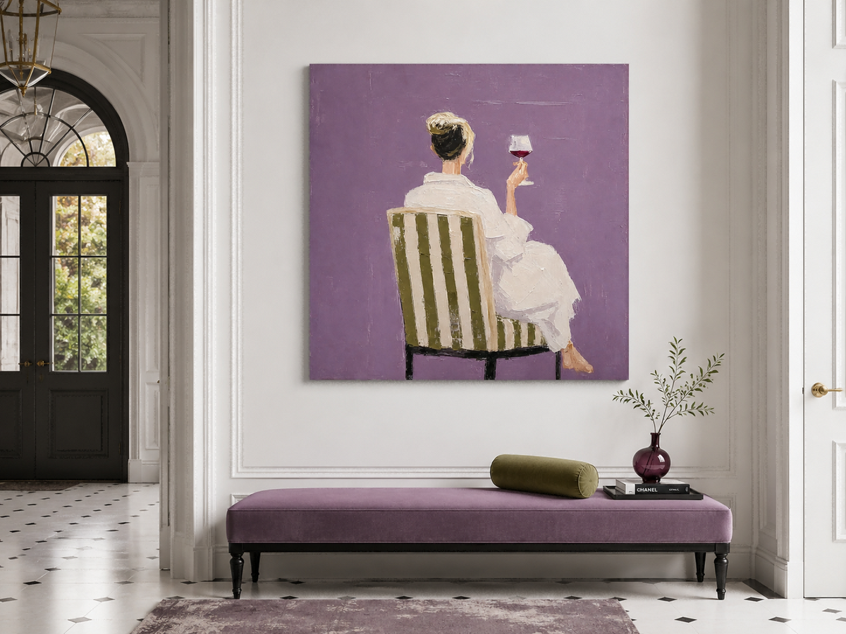 Woman With Wine Glass Hand-Painted Canvas Art In Purple And White Modern Living Room Wall Art With Elegant Woman And Striped Chair