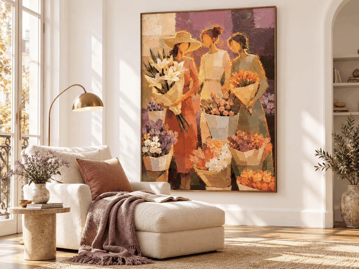 Modern Impressionist Textured Canvas Painting Hand-Painted Floral Market Scene With Three Women Canvas Art