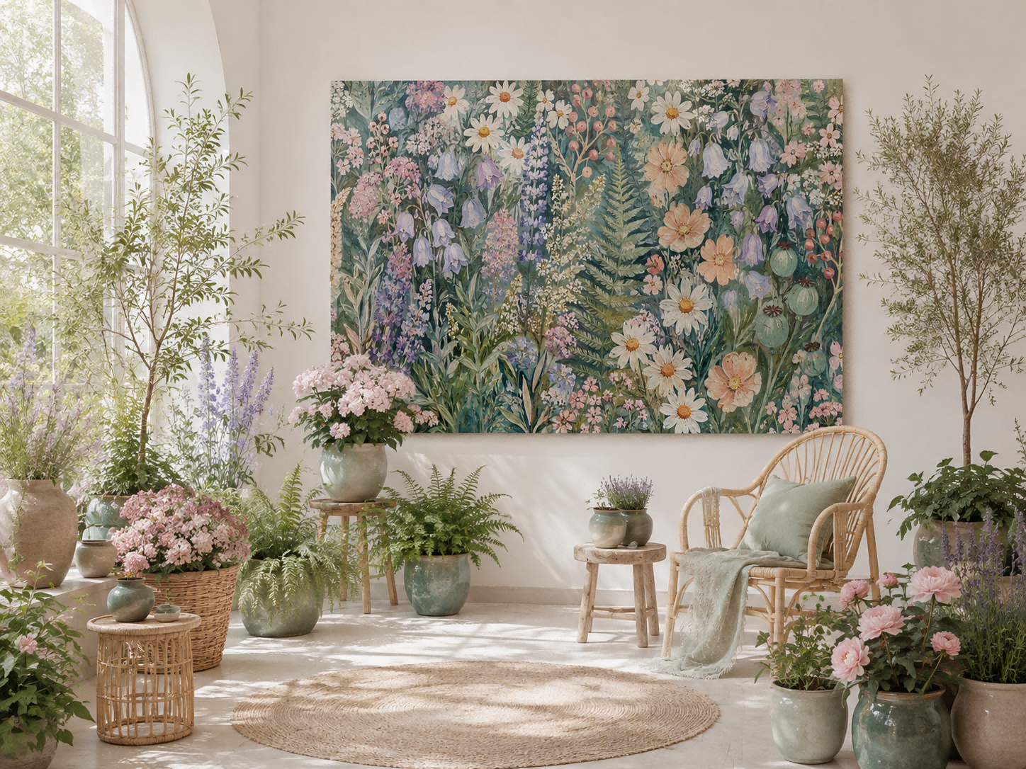 Textured Botanical Illustration Of Wildflowers And Greenery In Vintage Style