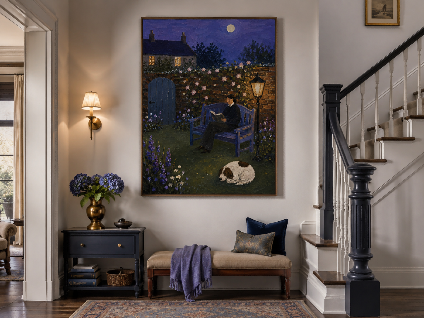 Moonlit Garden Reader With Sleeping Dog Hand-Painted Canvas Art