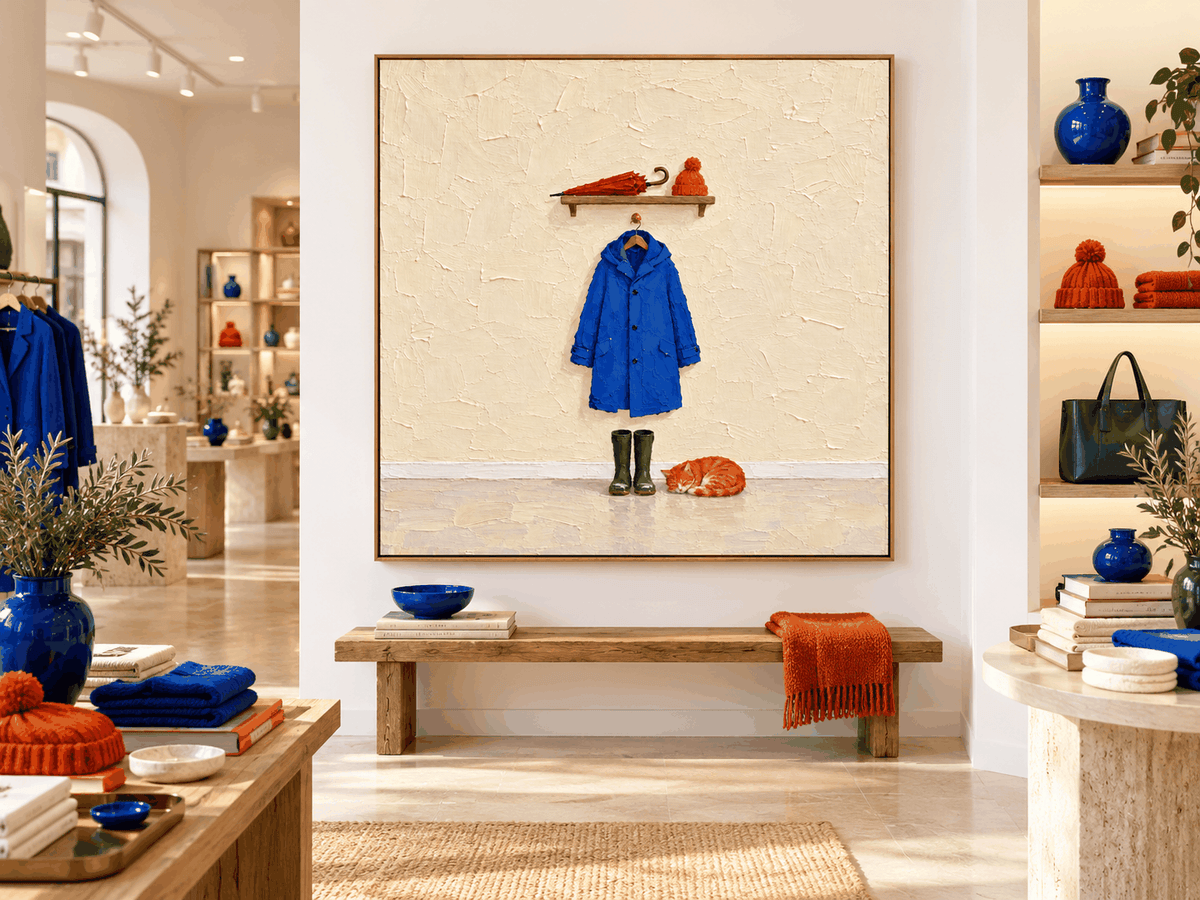 Hand-Painted Blue Coat And Sleeping Cat Canvas Art For Pet Lovers