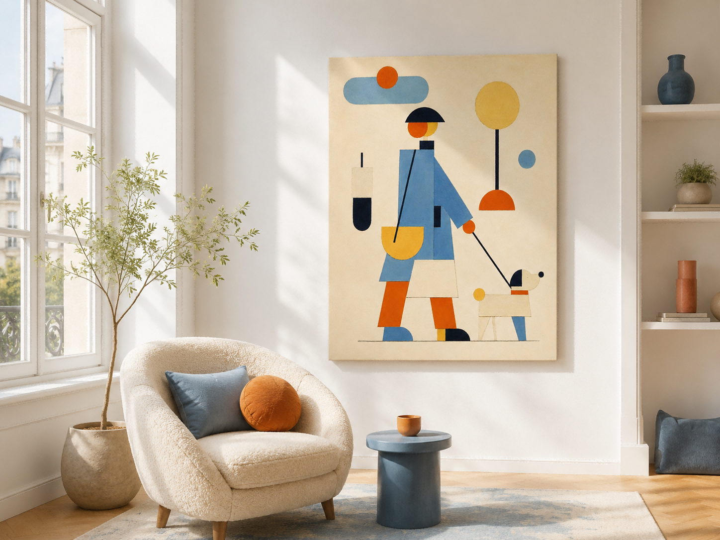 Minimalist Geometric Oil Painting Of Daily Life Scene With Abstract Shapes And Soft Colors