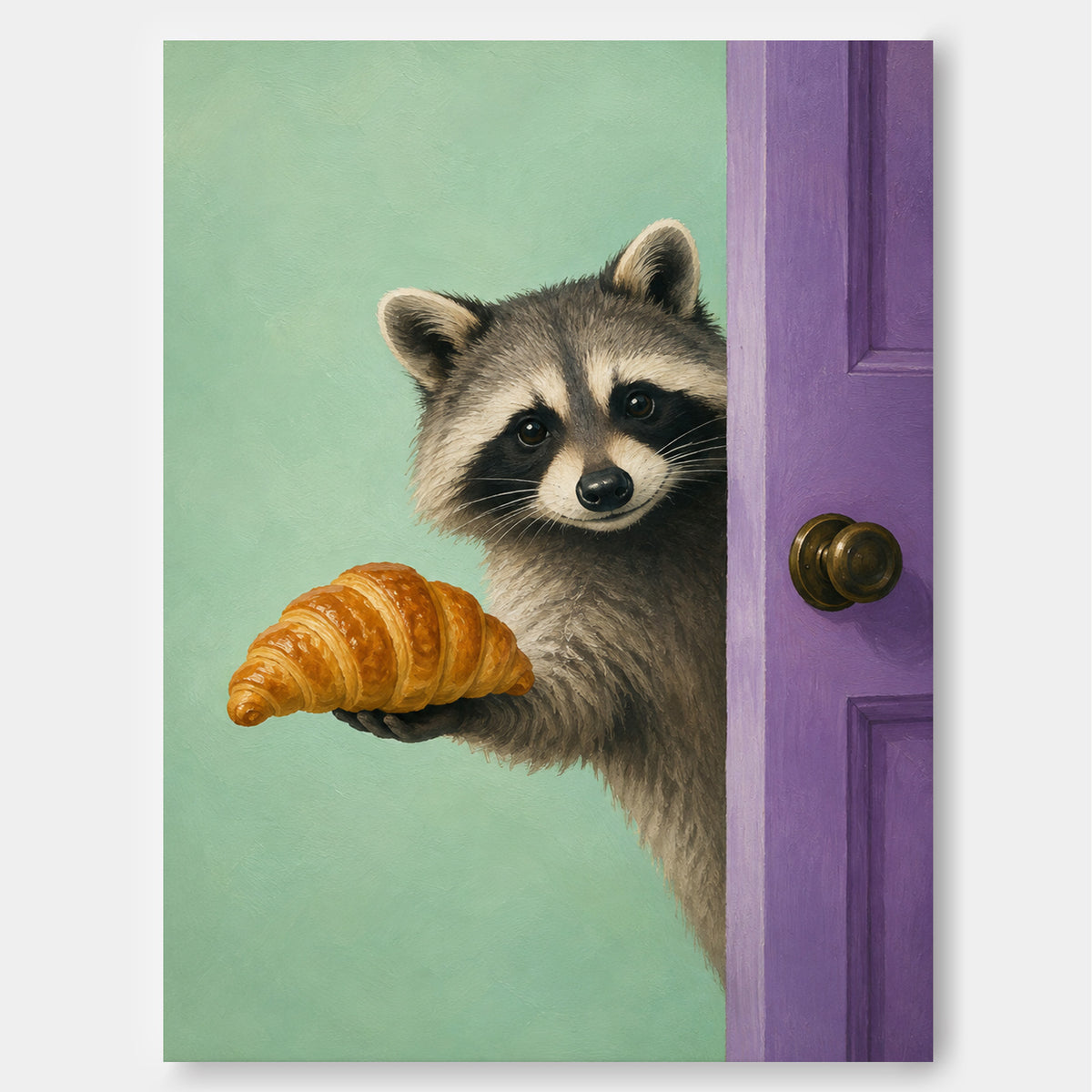 Modern Whimsical Raccoon Portrait Oil Painting Mint Green And Violet Tones