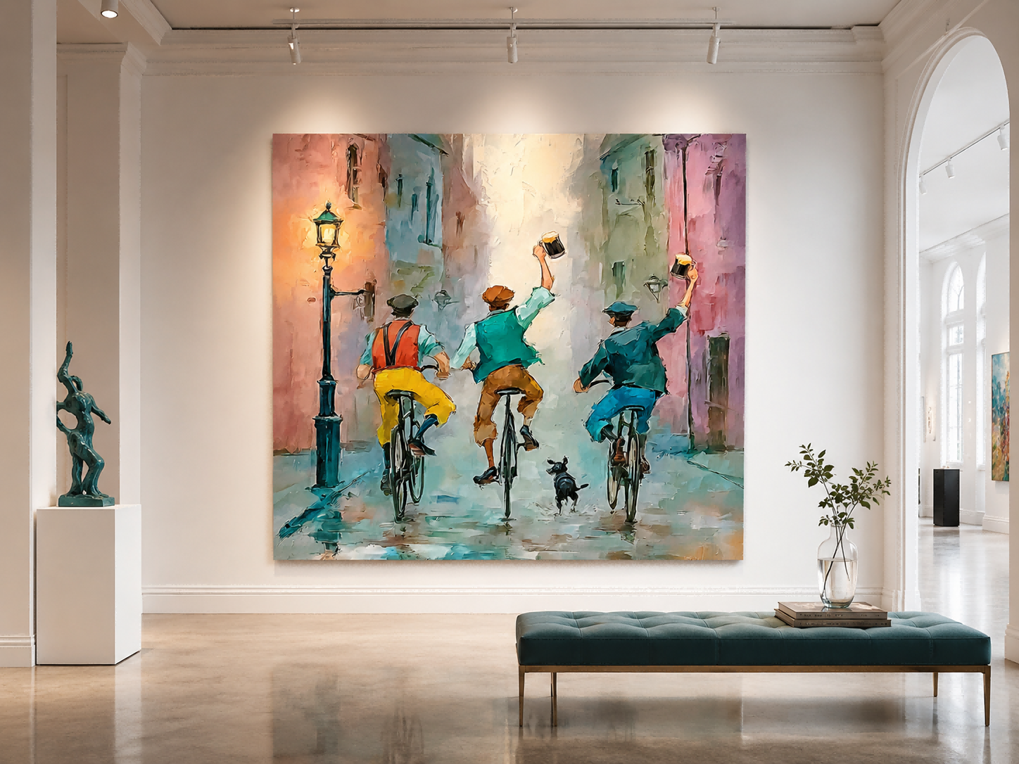 Textured Urban Narrative Painting Featuring Cyclists Dog And Reflections For Modern Home Interior Design