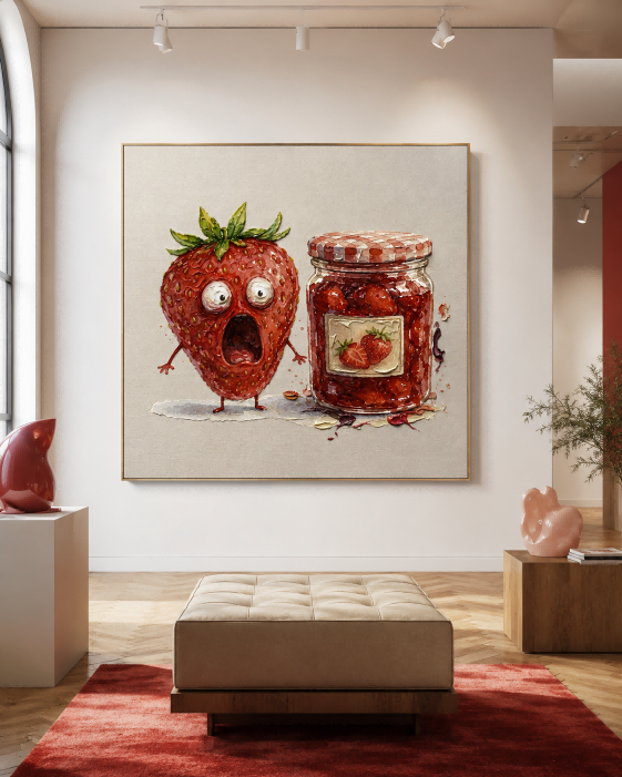 Funny Anthropomorphic Strawberry Art Original Canvas Print With Jam Jar Theme