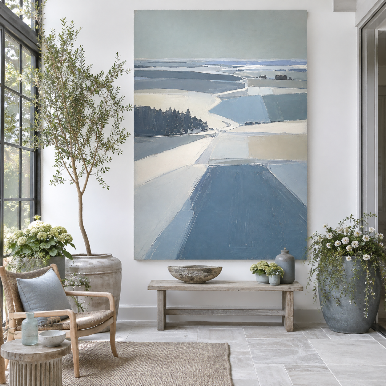 Modern Minimalist Winter Landscape Painting With Ice Blue Tones For Living Room Geometric Abstract Art