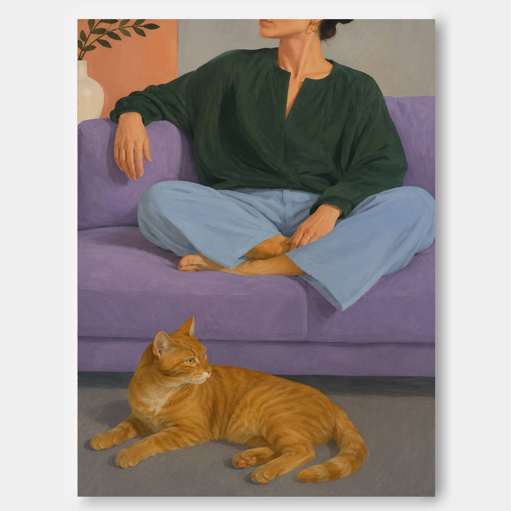 Woman And Cat On Purple Sofa Modern Figurative Oil Painting Hand-Painted Canvas Art
