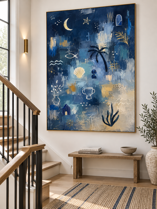 Modern Textured Abstract Painting With Gold Accents Ocean Theme Wall Art