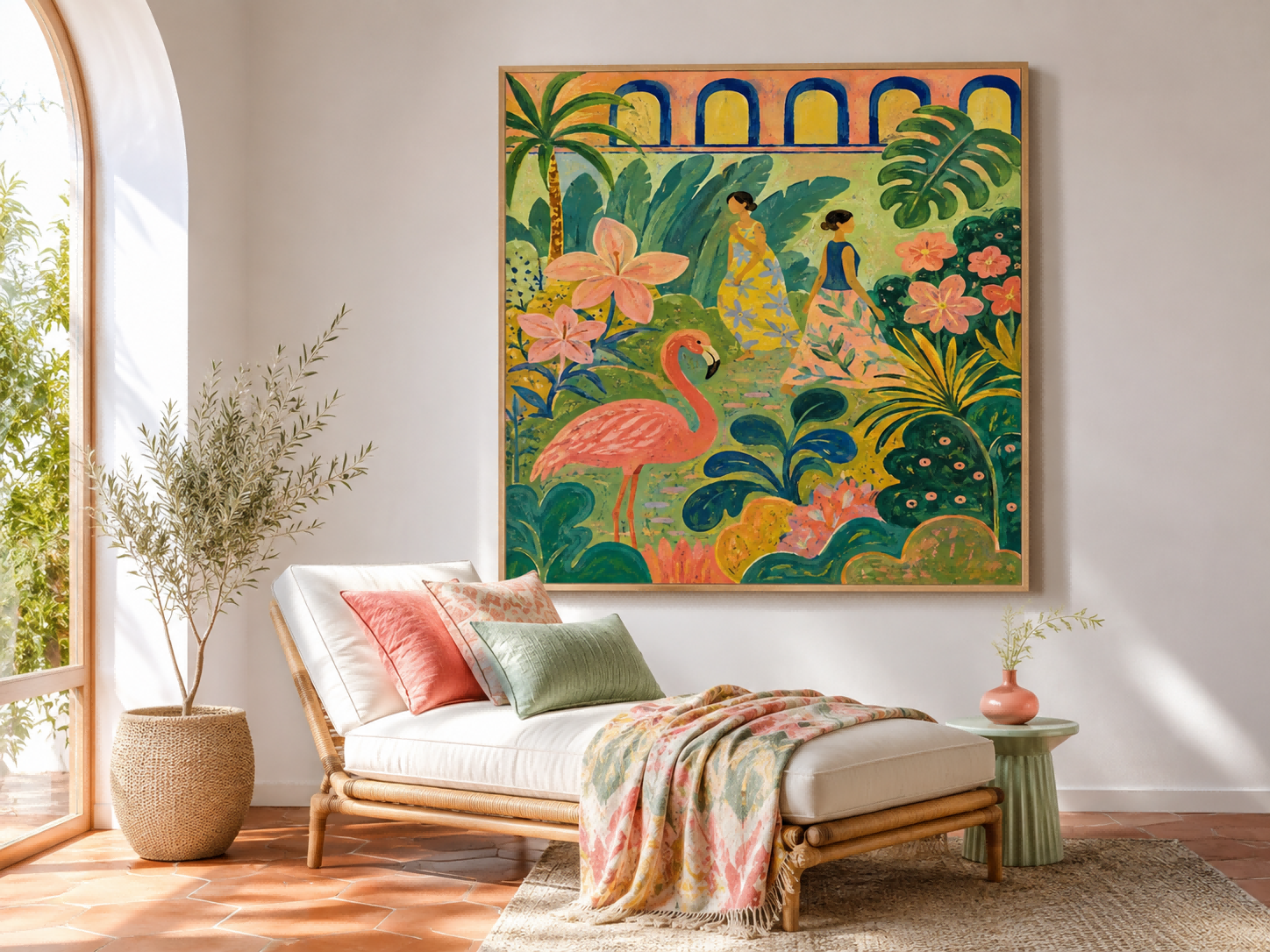 Flamingo And Women In Tropical Garden Hand-Painted Canvas Art Art Deco Fantasy Landscape Painting With Pink And Green Tones