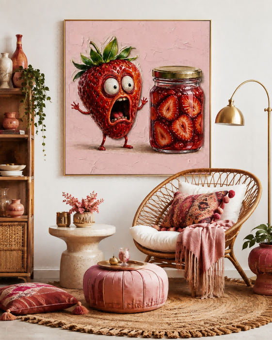 Surreal Strawberry Character Art With Abstract Elements Hand Painted Canvas For Playful Living Room And Dining Area Design