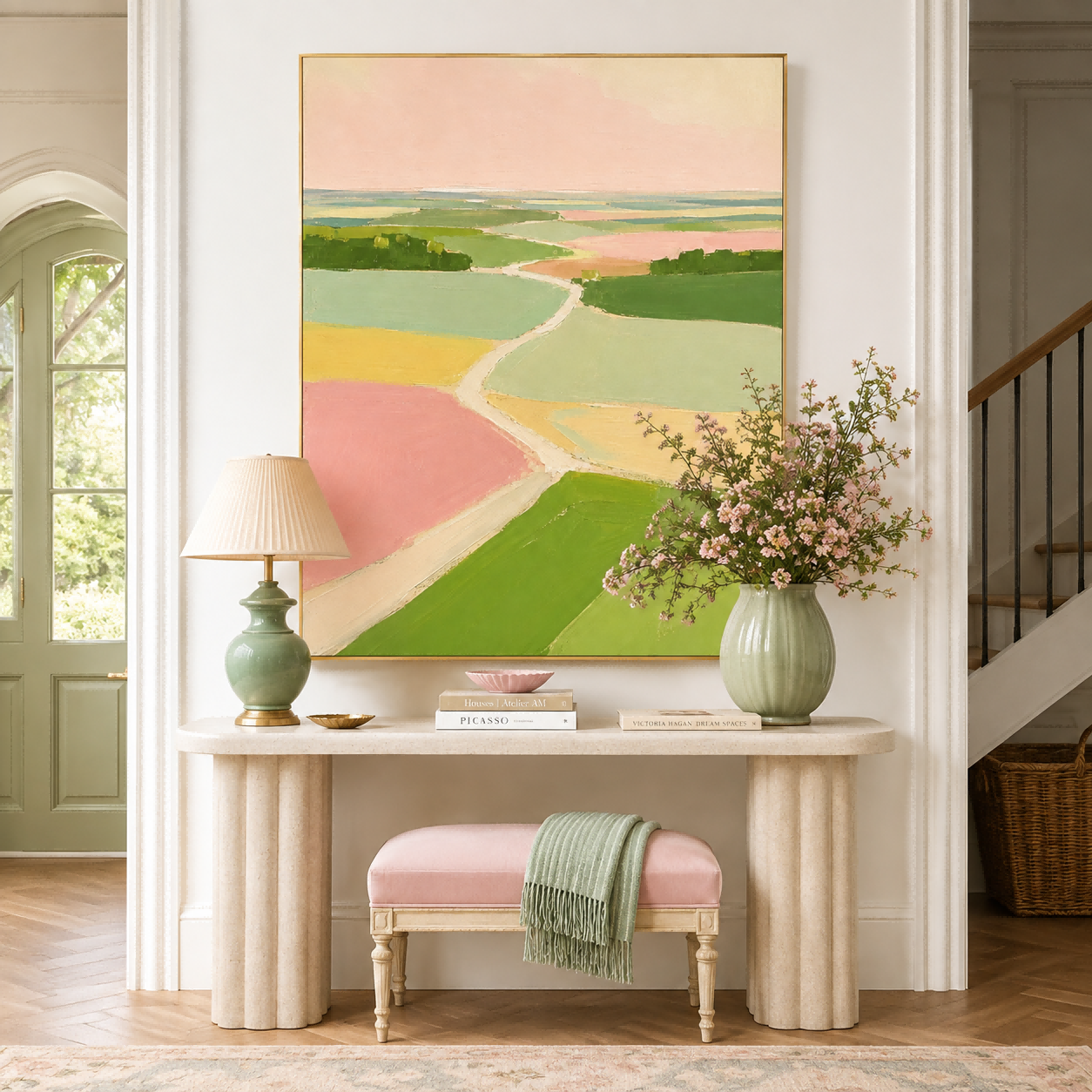 Minimalist Green And Pink Landscape Art For A Serene Bedroom Or Lounge