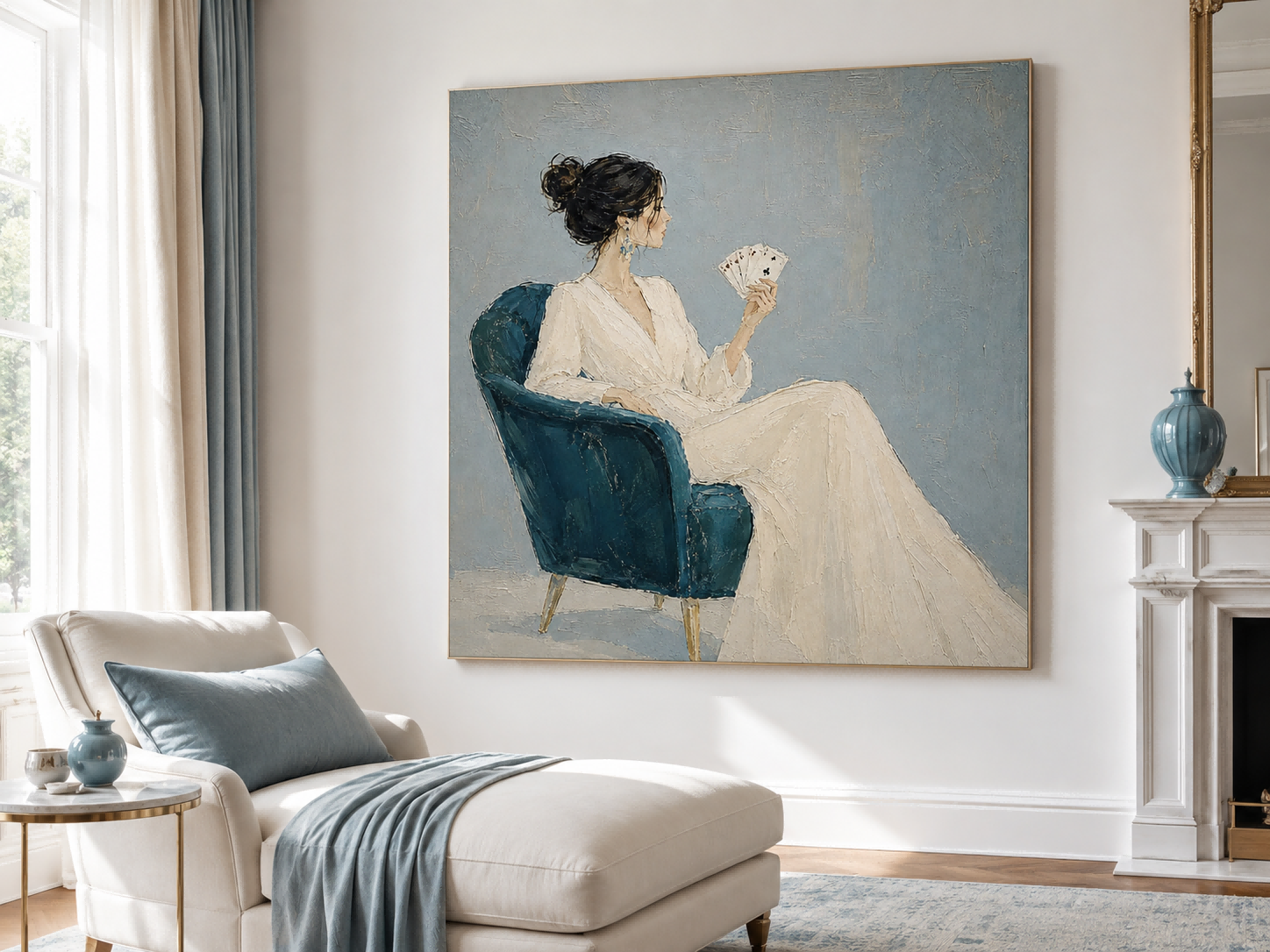 Minimalist Oil Painting Of Woman In White Dress With Playing Cards For Modern Living Room Decor