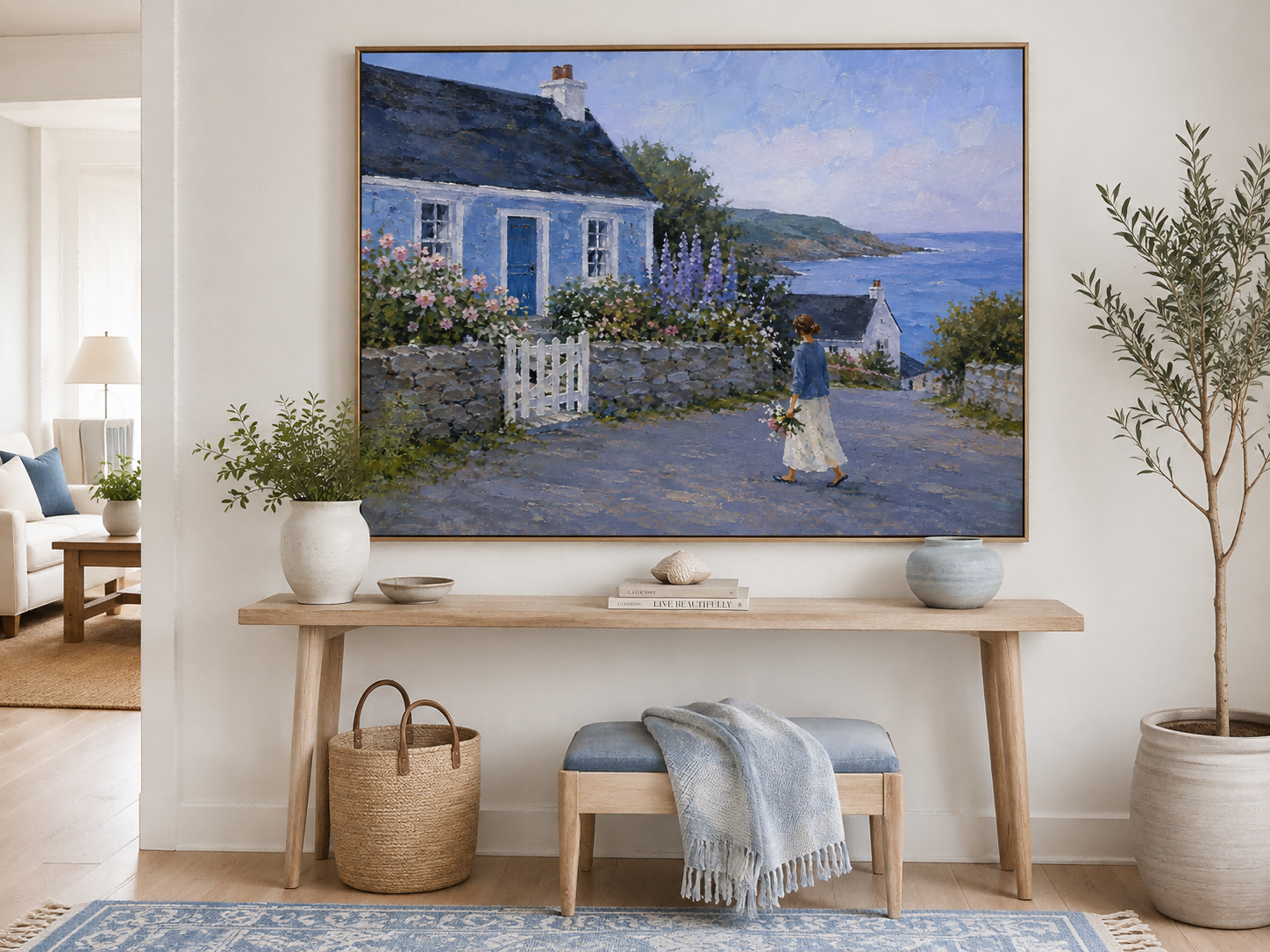 Seaside Landscape Wall Art For Living Room Blue House Painting