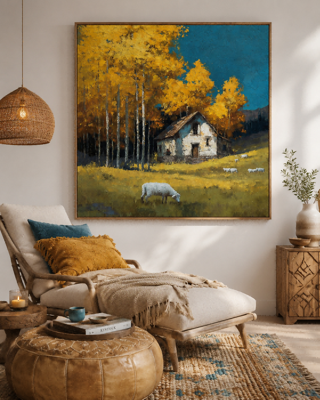 Golden Autumn Farmhouse Painting With Sheep In Field For Living Room Wall Decor