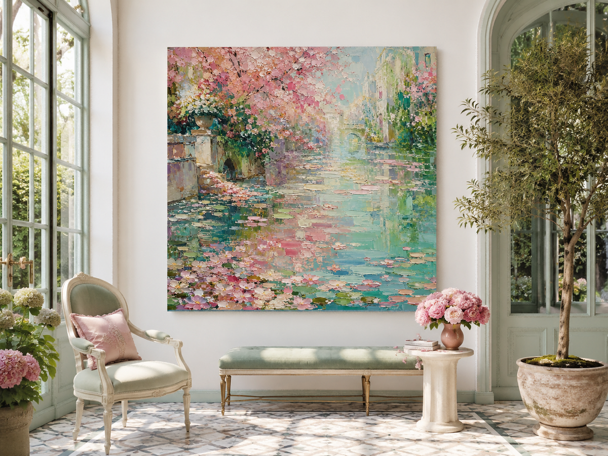 Modern Impressionist Style Pink And Green Textured Wall Art With Flowers