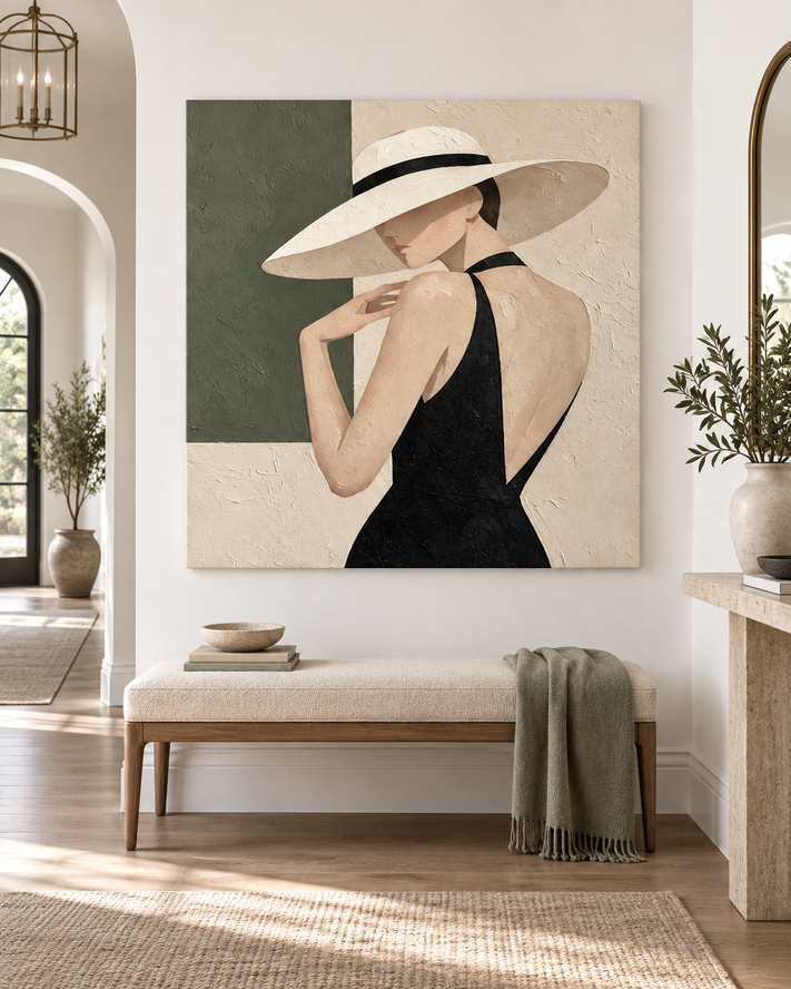 Minimalist Vintage Style Canvas Art Textured Abstract Lady Portrait With Olive And Cream Colors