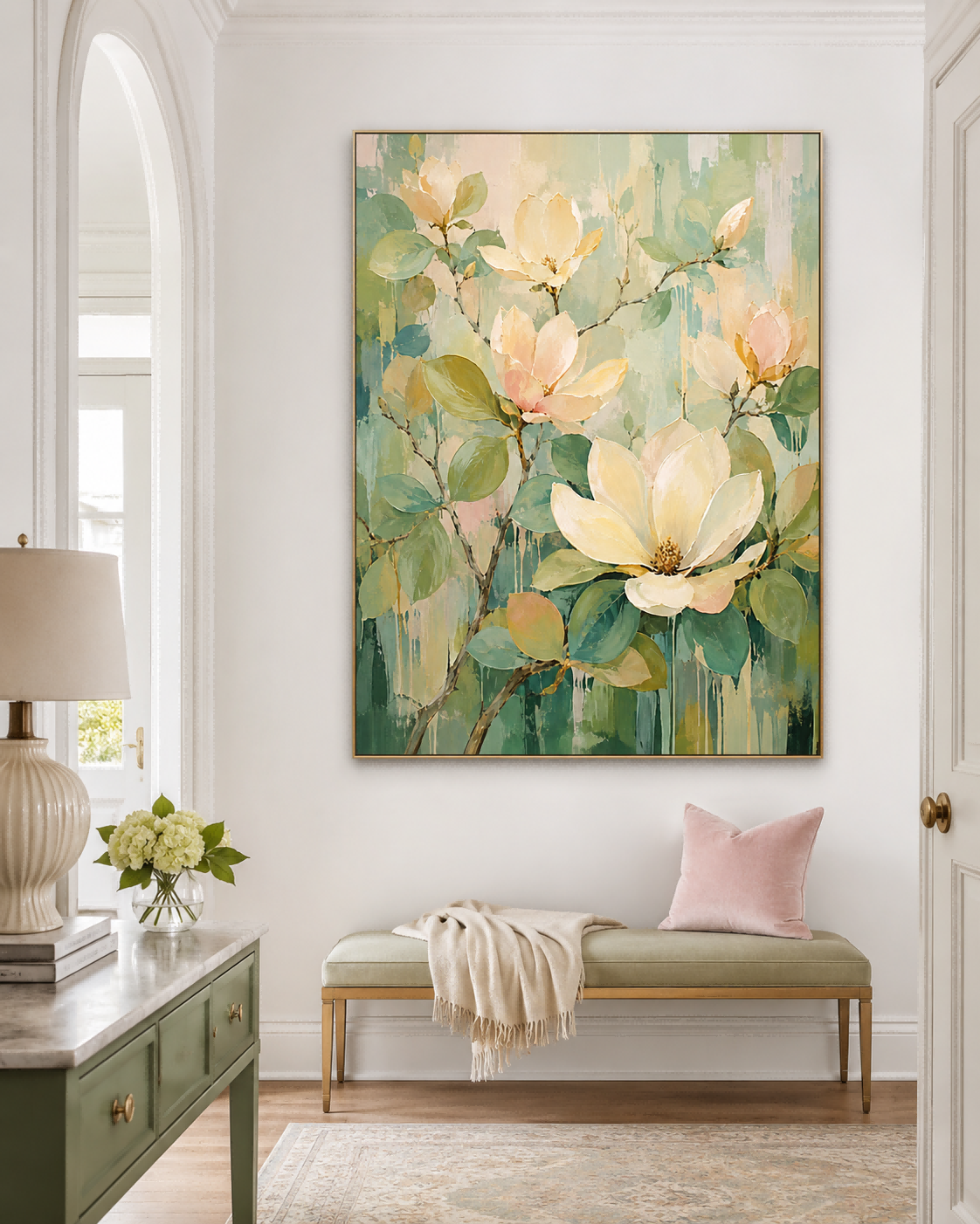 Hand-Painted Abstract Magnolia Floral Canvas Art In Cream And Green