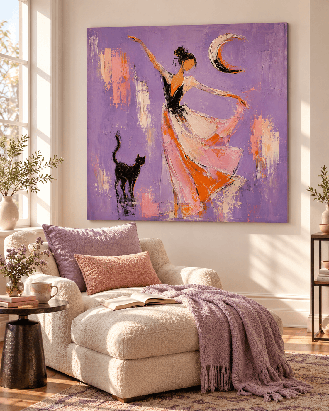 Dancing Woman With Black Cat Moon Abstract Canvas Painting