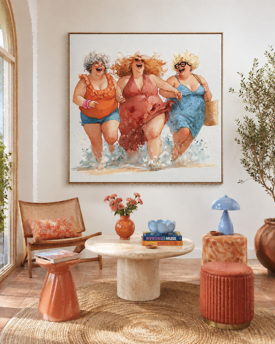 Vibrant Women Painting For Living Room With Coastal Theme And Happy Sisters Art