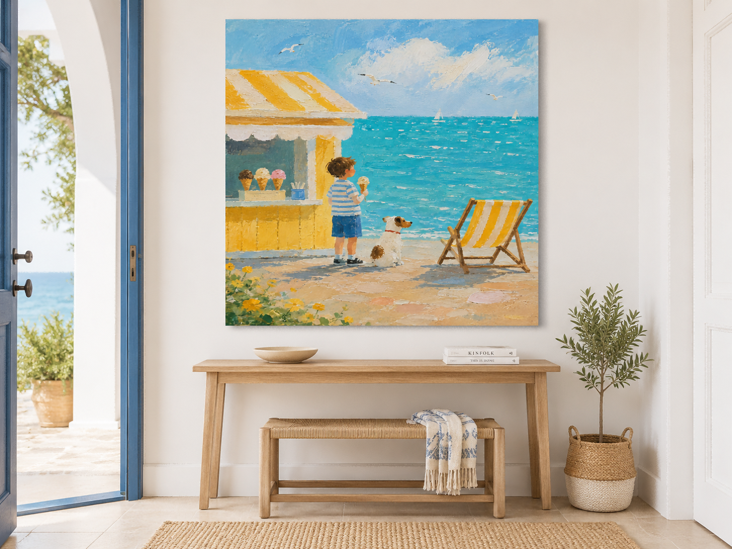 Cheerful Beach Scene Canvas Painting For Coastal Living Room Decor