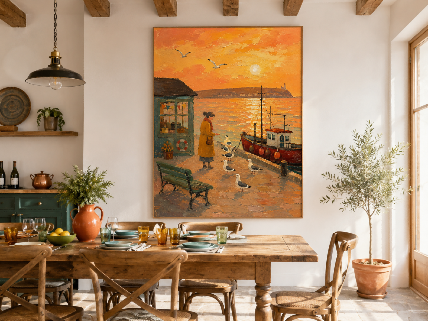Impressionist Style Seascape Painting With Expressive Orange Tones