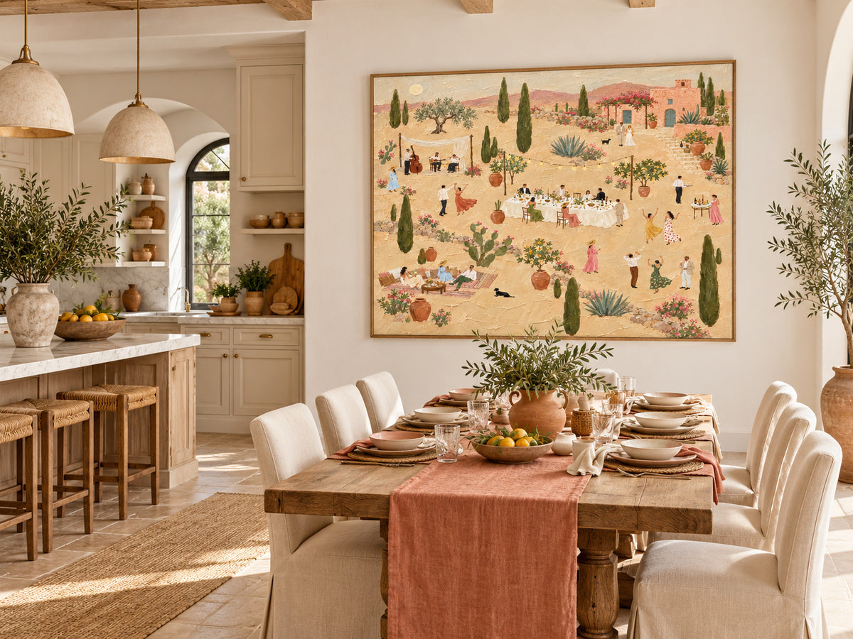 Outdoor Wedding Party Painting With Band And Guests In Tuscan Garden