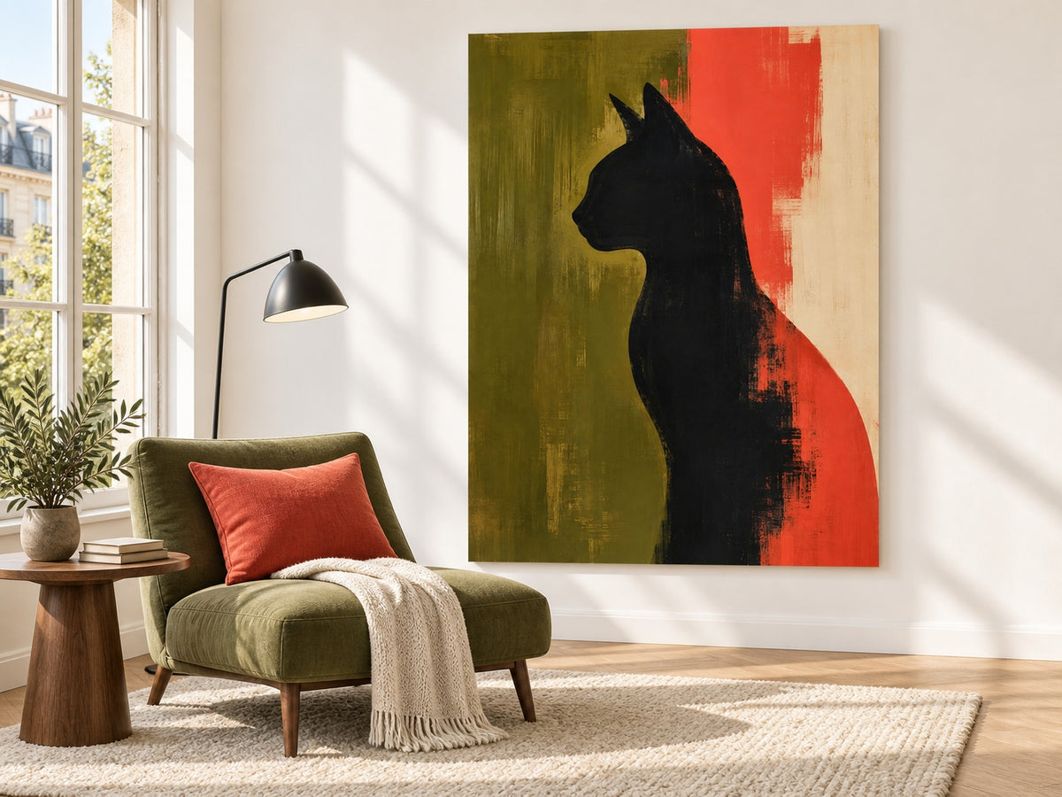 Abstract Geometric Cat Painting Modern Textured Canvas Art In Warm Colors