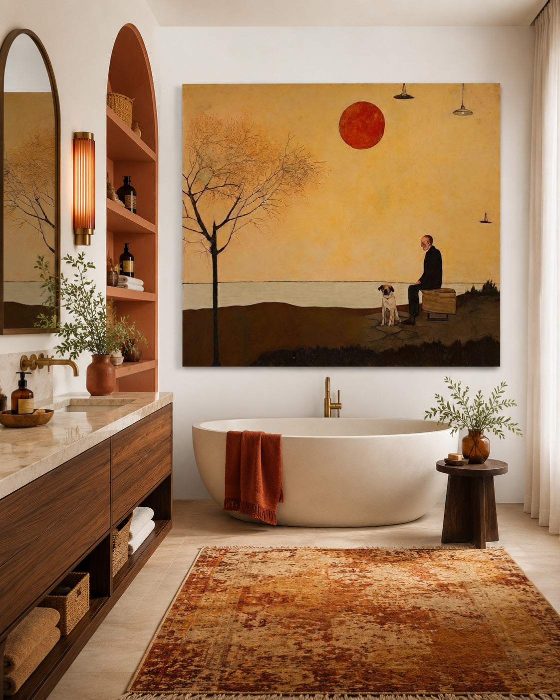 Retro Minimalist Oil Painting Of Man And Dog At Sunset For Living Room Decor