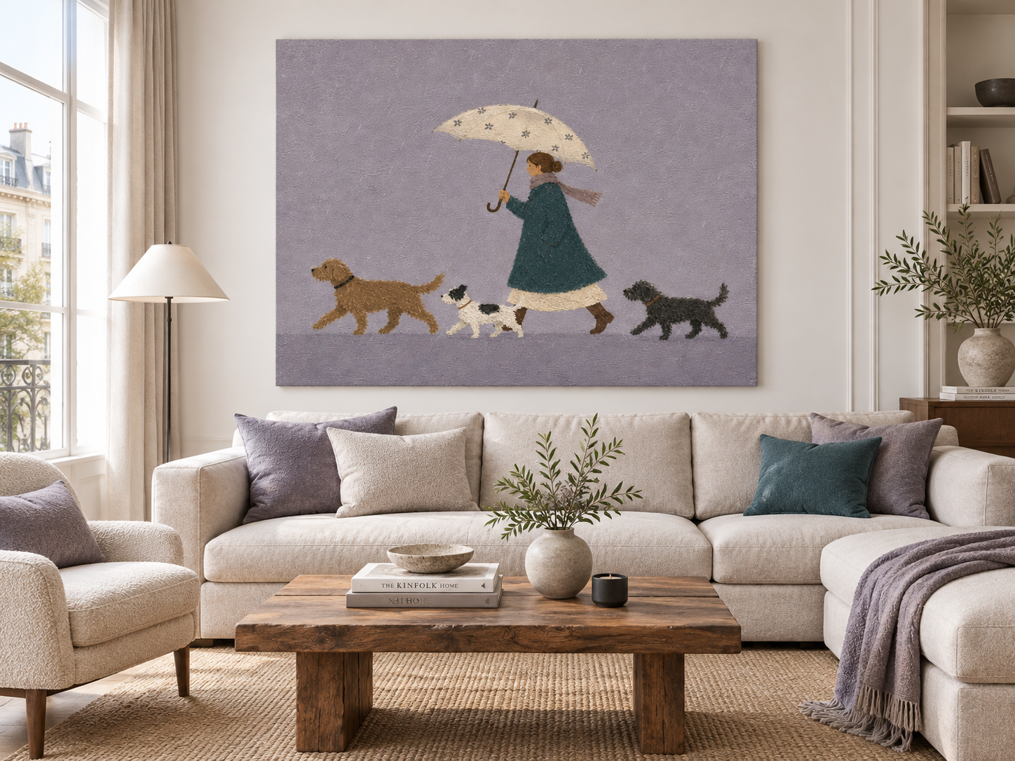 Woman Walking Dogs In Rain Hand-Painted Canvas Art With Umbrella