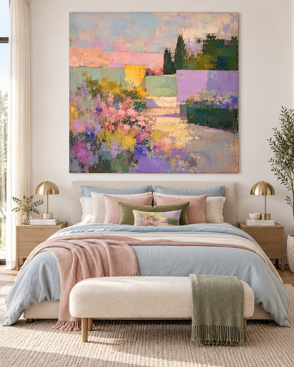 Abstract Floral Landscape Canvas Painting With Purple Pink Green Hues Hand-Painted Original Art