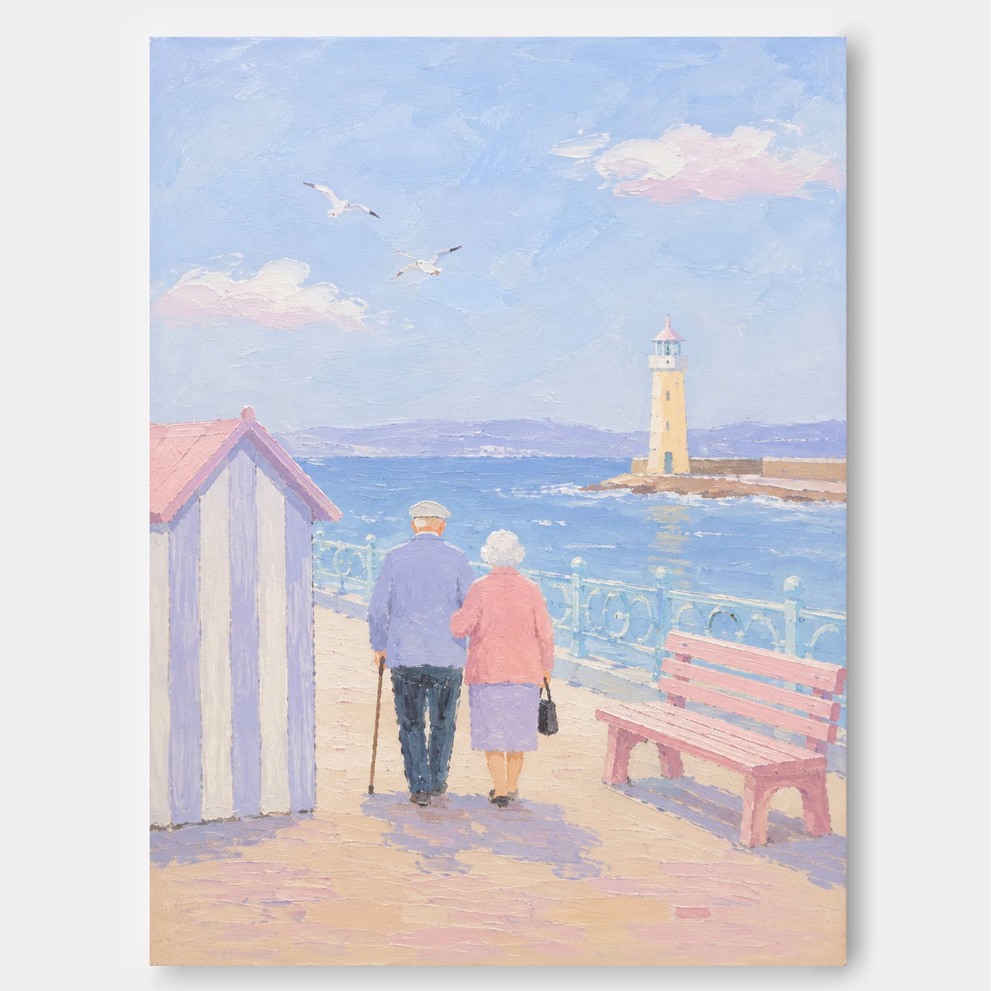 Romantic Impressionist Style Canvas Painting Of Beach Walk With Pastel Tones