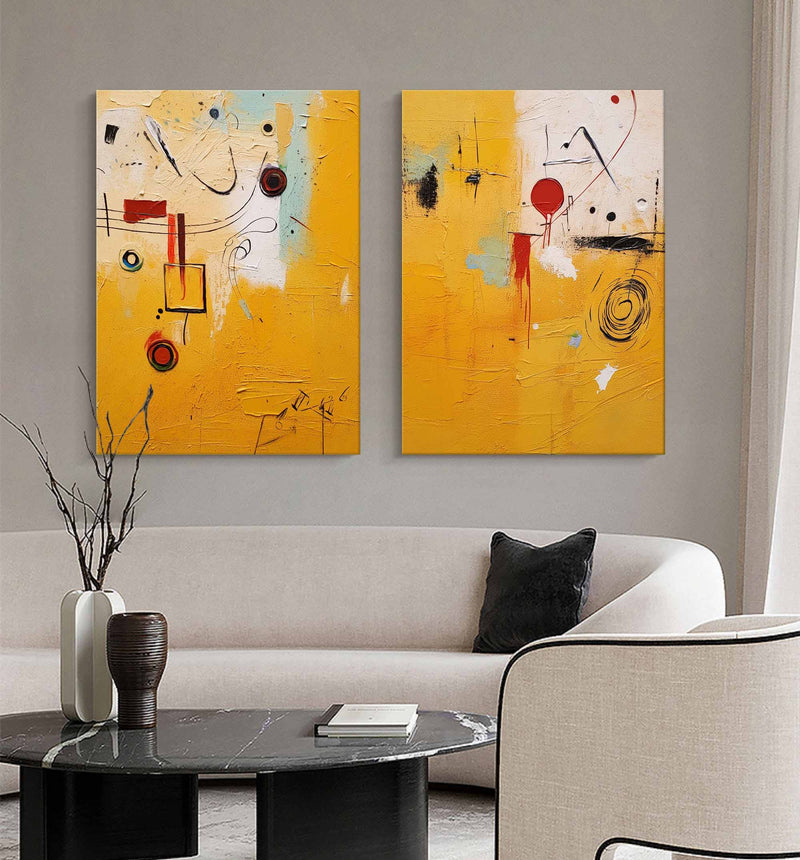 Set of 2 Yellow Large Abstract Graffiti Oil Painting Modern Wall Art Original Texture acrylic Painting Living Room Decor