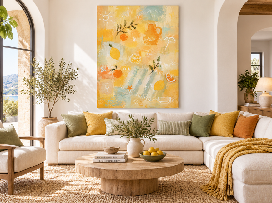 Hand-Painted Citrus Abstract Art With Lemon And Orange On Yellow Canvas