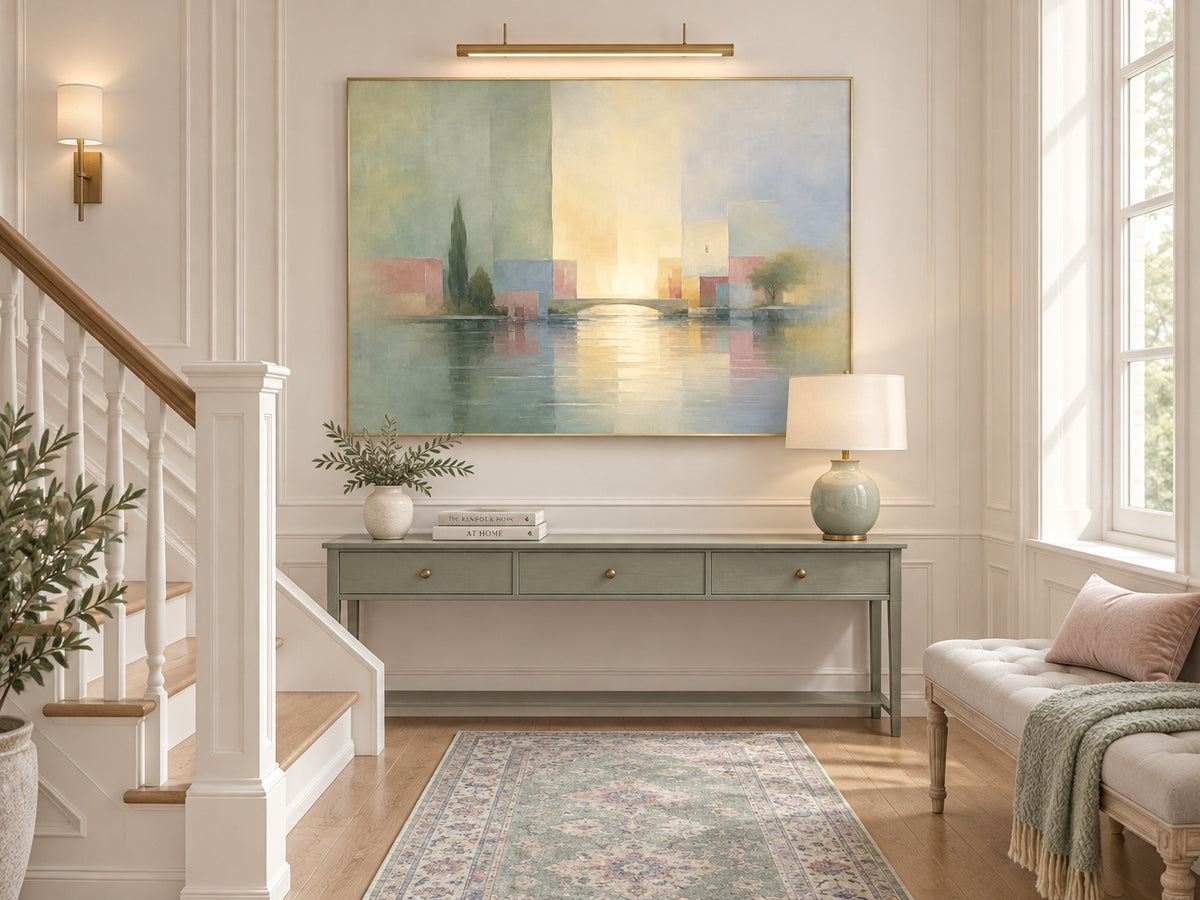 Modern Impressionist Geometric Landscape Canvas Painting With Morandi Color Palette