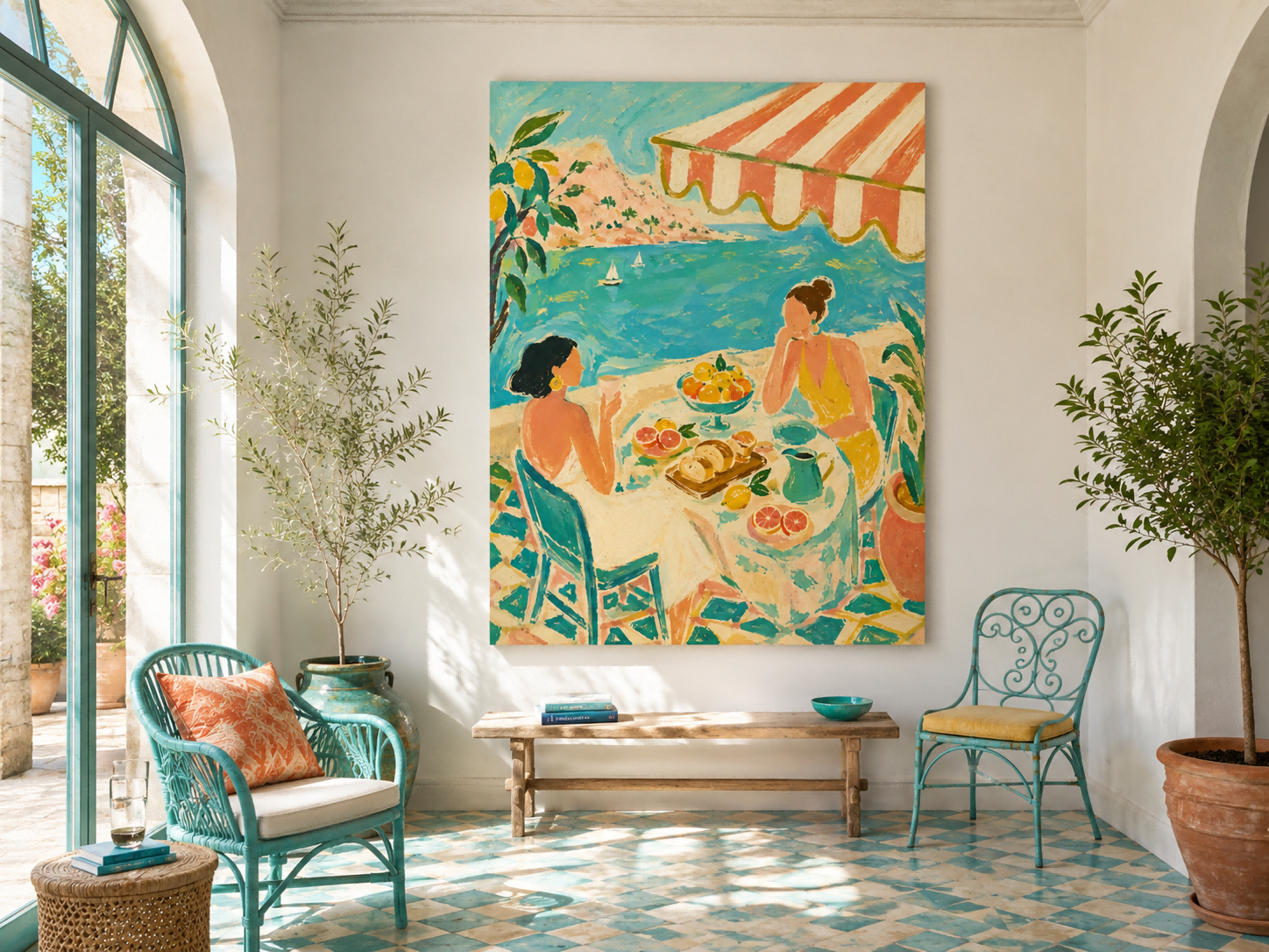 Seaside Tea Party Women Art Deco Canvas Painting With Citrus And Ocean View