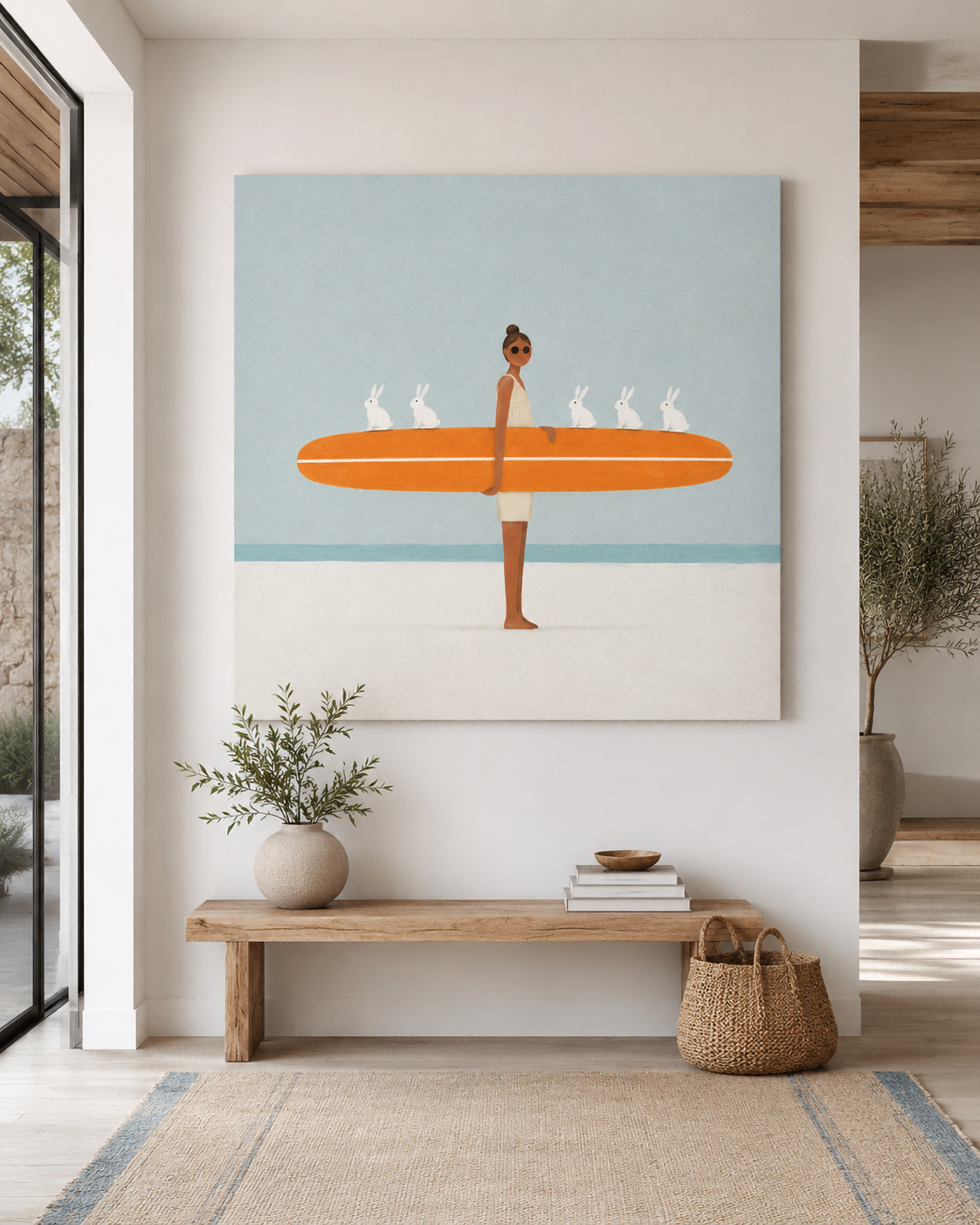 Hand-Painted Surfboard And Bunnies Abstract Canvas Art With Orange Accents
