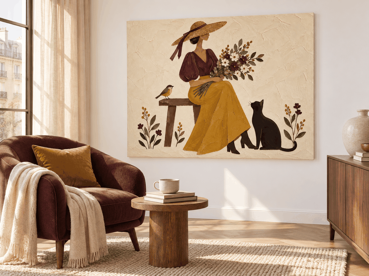 Lady With Flowers And Cat Hand-Painted Canvas Wall Art In Vintage Style