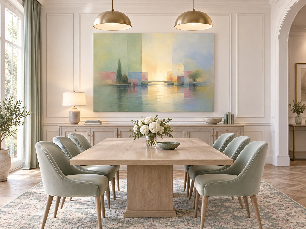 Modern Impressionist Geometric Landscape Canvas Painting With Morandi Color Palette