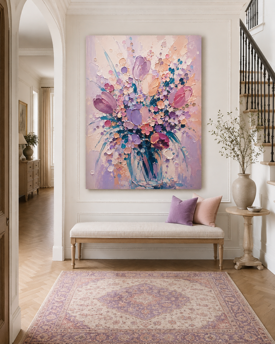 Abstract Tulip Flower Bouquet Hand-Painted Canvas Wall Art In Lavender And Pink