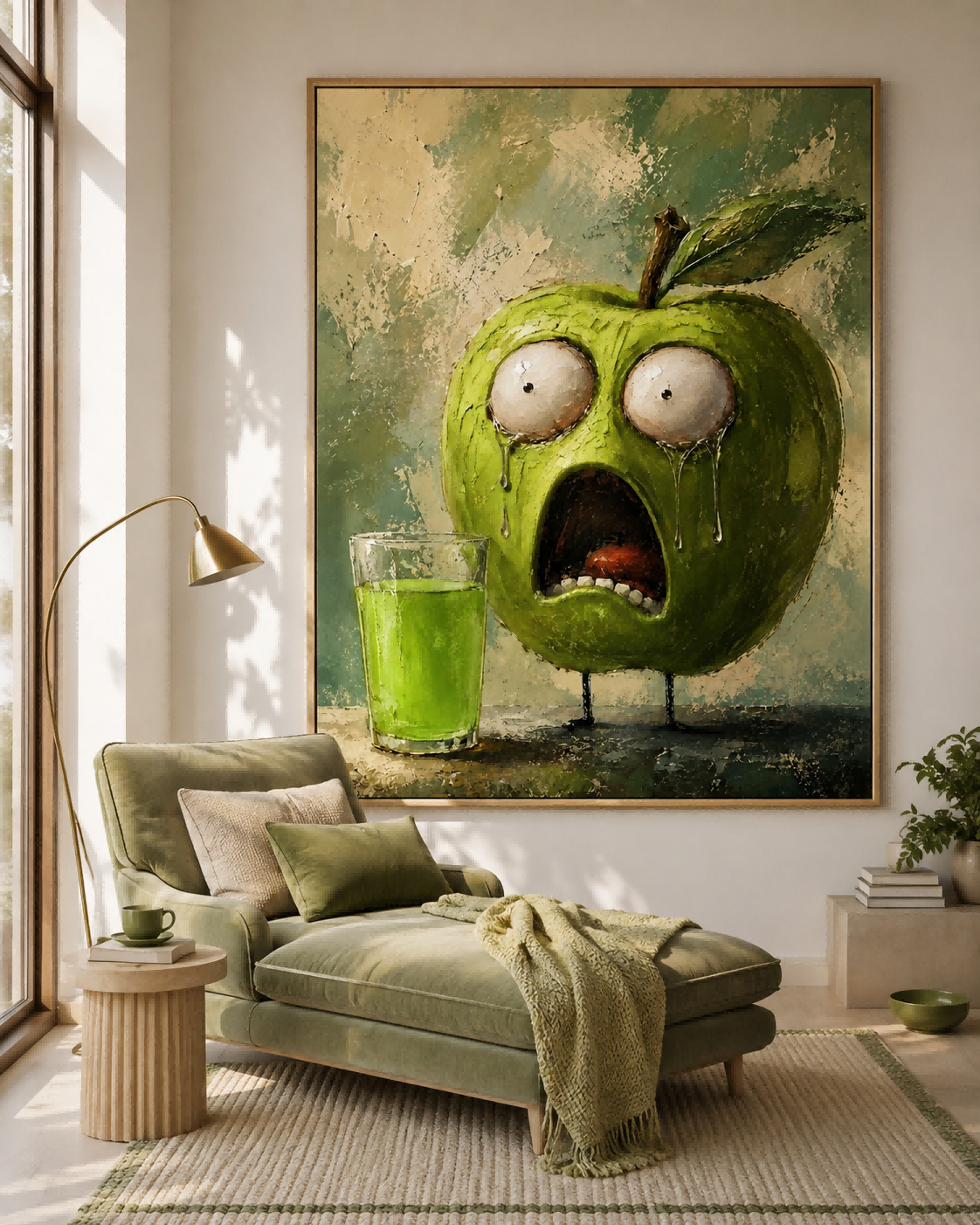 Quirky Anthropomorphic Green Apple Oil Painting With Expressive Face For Eclectic Interiors