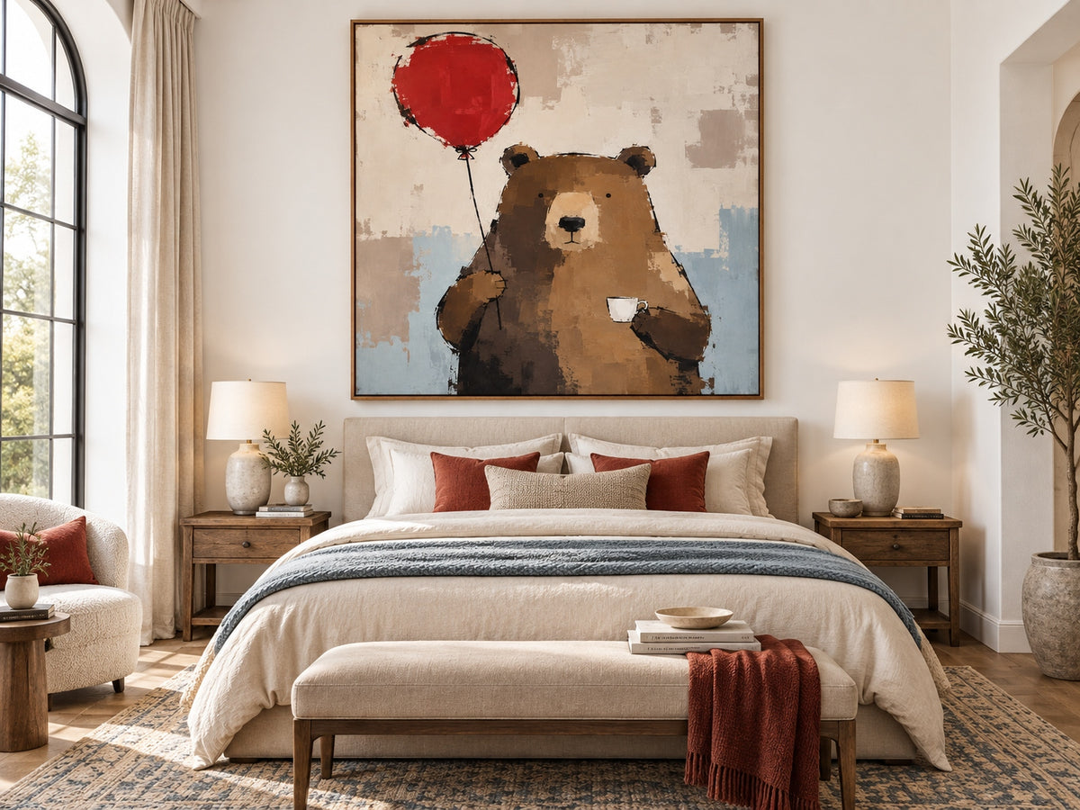 Hand-Painted Minimalist Brown Bear With Red Balloon Canvas Art