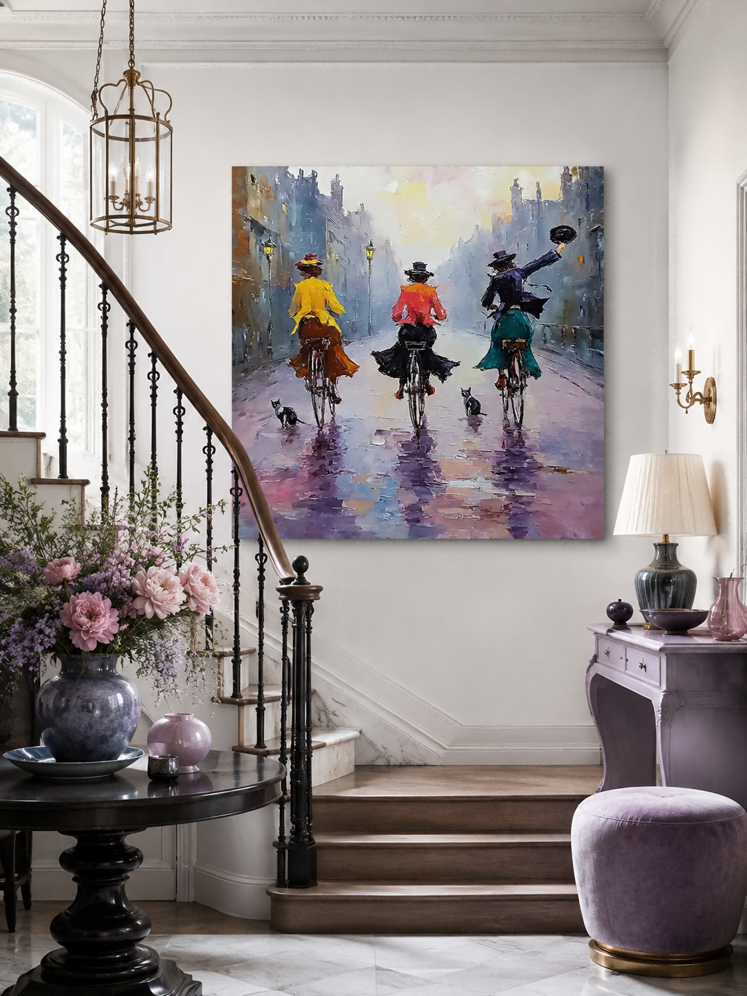 Impressionist Oil Painting Of Women Cycling In Rainy City Street With Cats