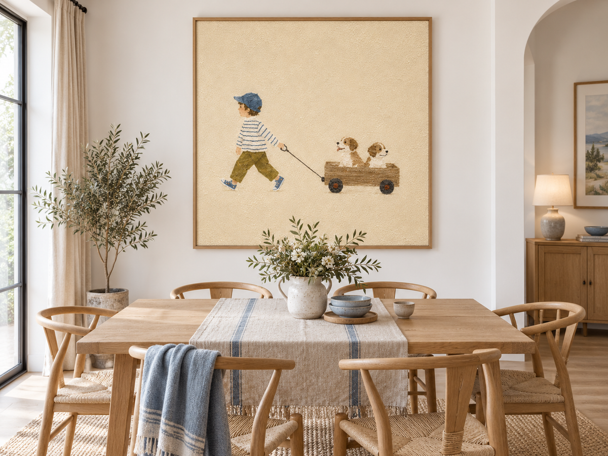 Warm Beige Kids Room Wall Art Boy And Dogs Original Painting