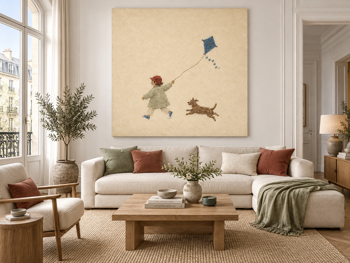 Whimsical Kids Room Wall Art Boy With Dog And Kite