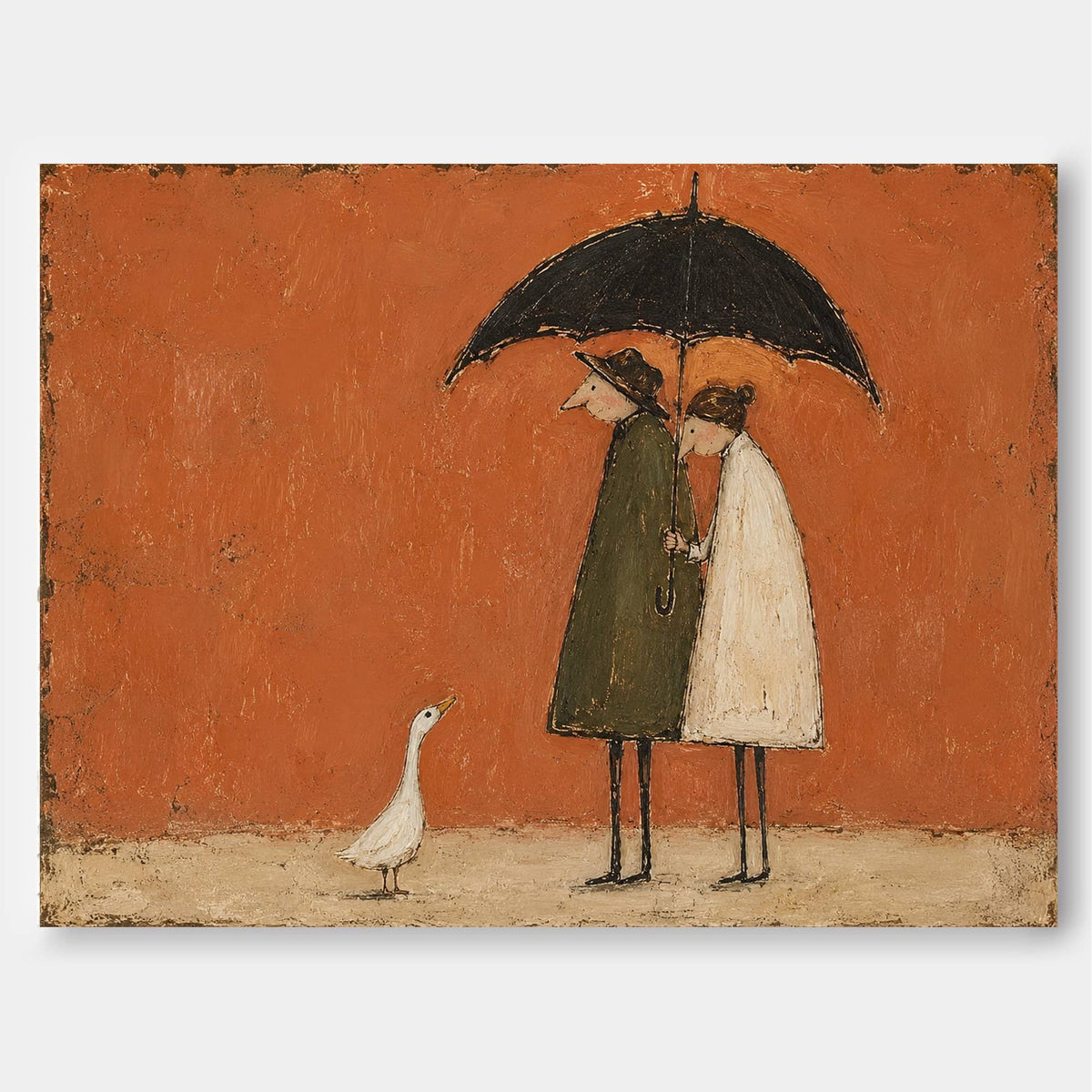 Couple With Umbrella And Goose Hand-Painted Canvas Art In Warm Rust Tones