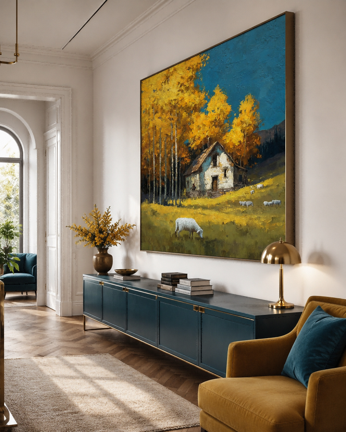 Golden Autumn Farmhouse Painting With Sheep In Field For Living Room Wall Decor